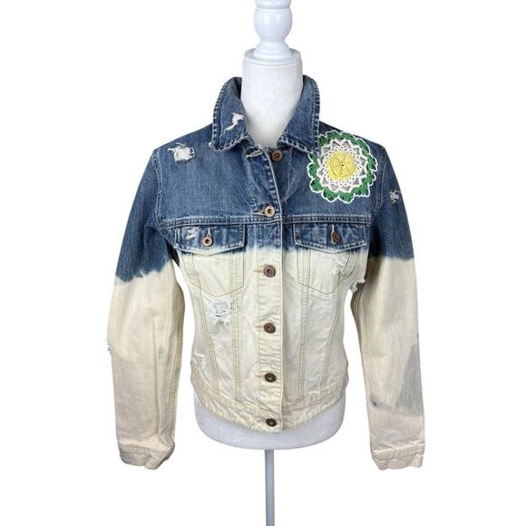 Gap Jacket Womens Size M Blue Ombre Crochet Boho Distressed Upcycled Trucker - Picture 4 of 14